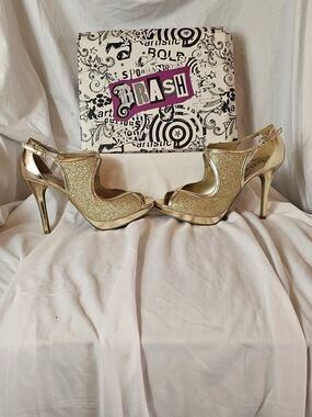 BRASH Gold Glitter Peep-Toe High Heel Sandals - Women's